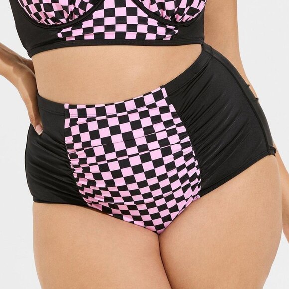 ❤️NWT VINTAGE TORRID CHECKERED RUCHED POWER MESH TUMMY CONTROL SWIM BOTTOM PLUS - Picture 1 of 10